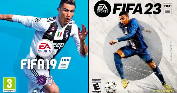 Cristiano Ronaldo and Kylian Mbappe on the cover of FIFA 19 and FIFA 23 respectively