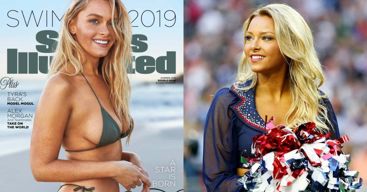 Camille Kostek on the cover of Sports Illustrated, and while cheerleading (Credit: People)