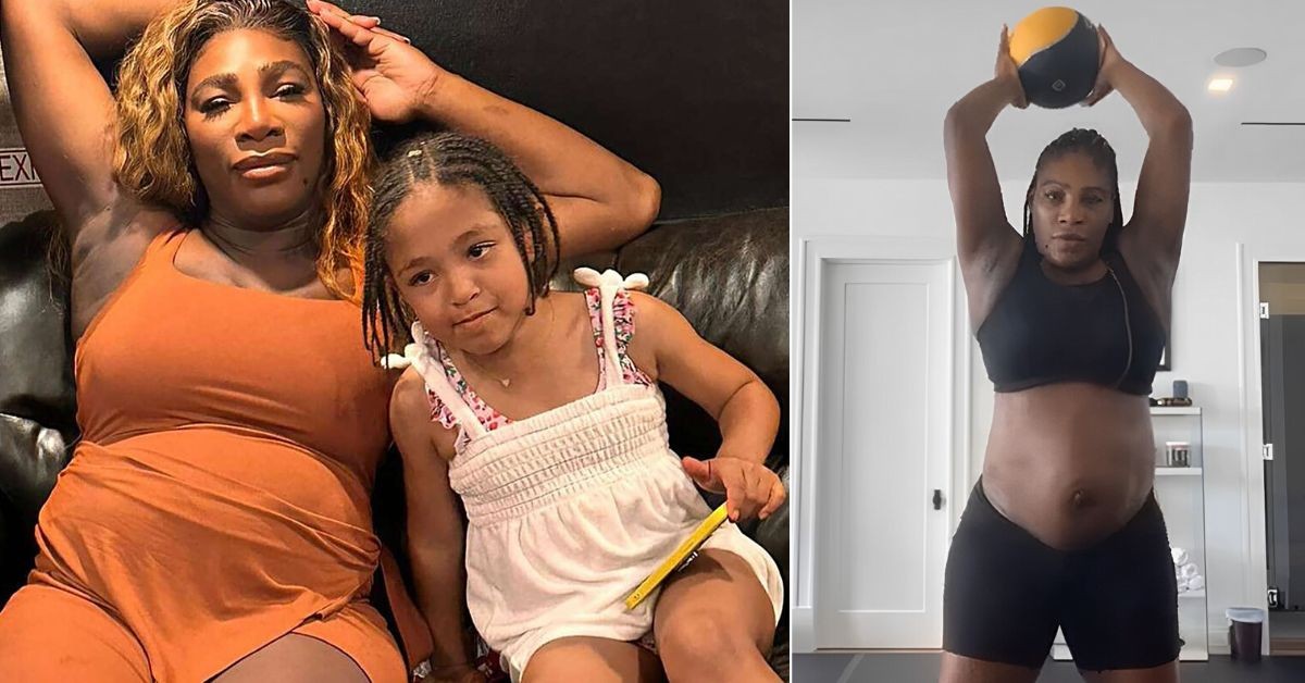 Serena Williams with daughter Olympia (left) - Serena Williams working out after recent pregnancy (right)