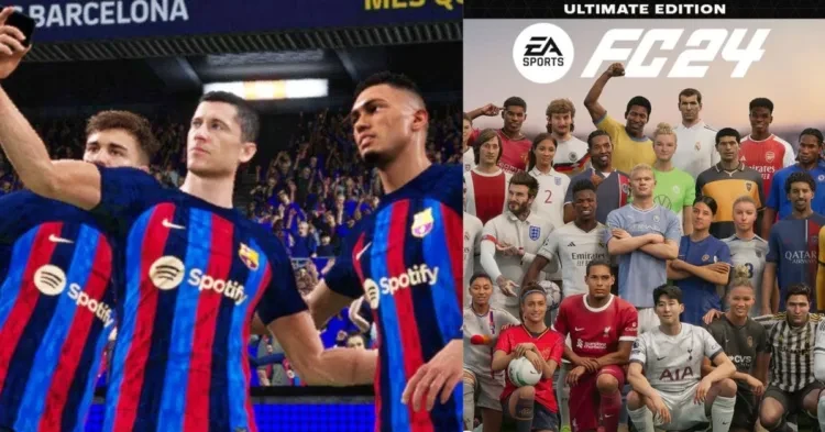 FC Barcelona in EA Sports (left) EA Sports FC 24 cover (right) (credits- Twitter)