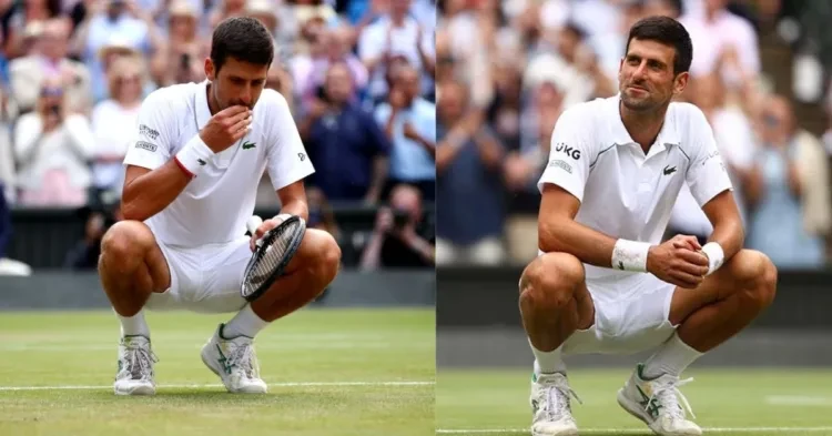 Novak Djokovic eating grass at Wimbledon after winning the championship