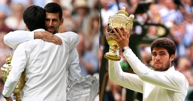 Novak Djokovic and Carlos Alcaraz after the Wimbledon Final (Image Credits - Reuters and Getty Images)