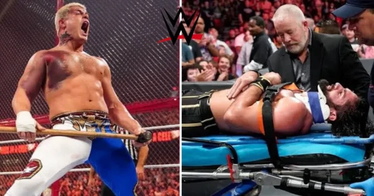 Cody Rhodes(L), WWE logo (C), and Seth Rollins (R)