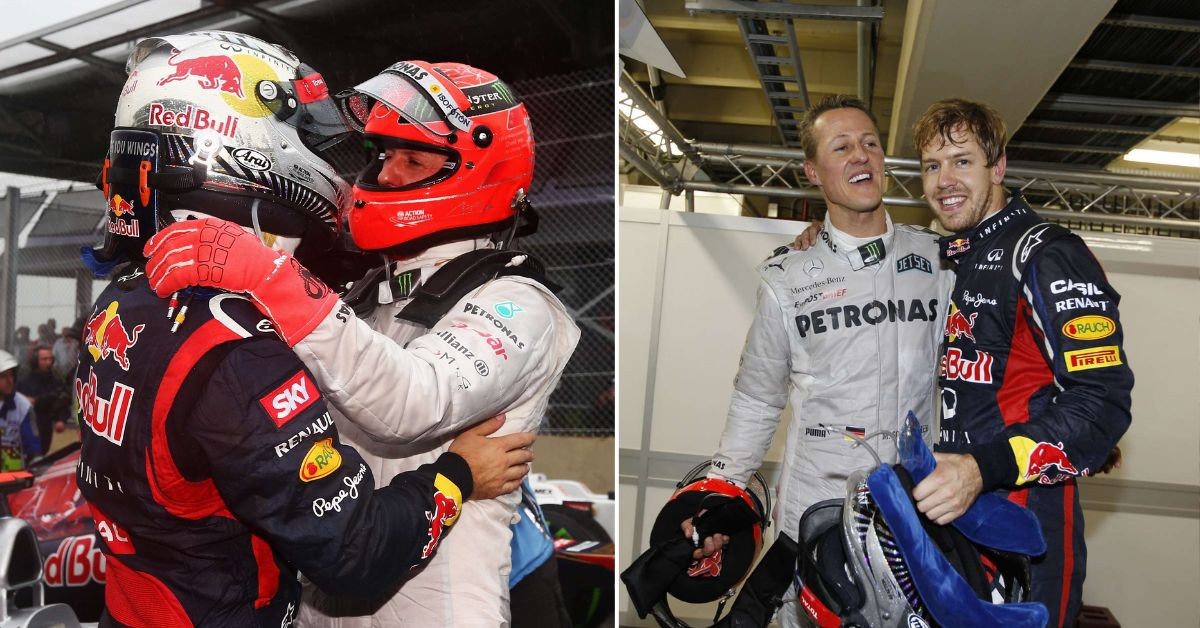 Michael Schumacher and Sebastian Vettel after Vettel won his 3rd Championship in 2012 (Credits: Race Fans)