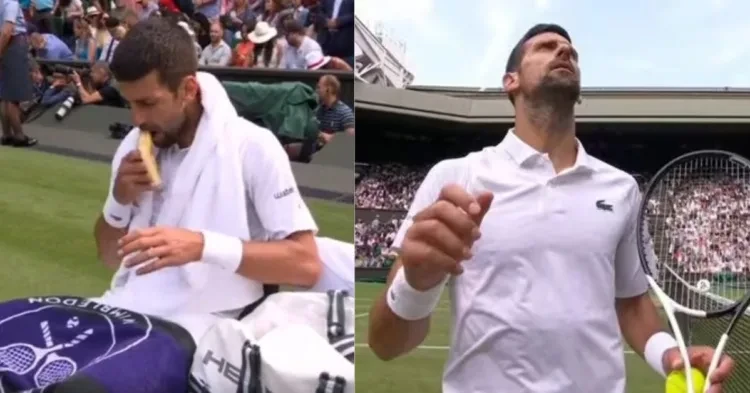 Novak Djokovic during his match at Wimbledon. (Image Credit - Twitter and BBC)