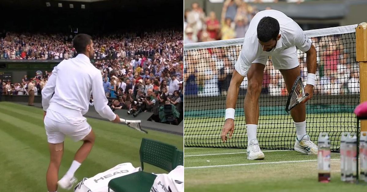 Novak Djokovic throws his broken racket to the Wimbledon crowd