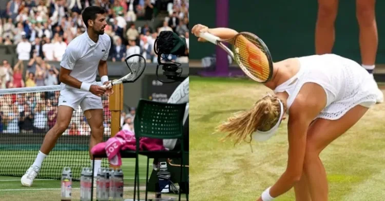 Novak Djokovic and Mirra Andreeva at Wimbledon when they smashed their rackets on the court. (Image Credits - nbcwashington and Twitter)