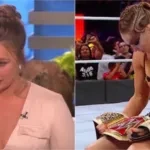 Ronda Rousey crying (left) and Ronda Rousey with WWE belt (right)