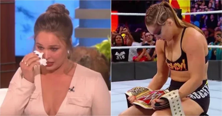 Ronda Rousey crying (left) and Ronda Rousey with WWE belt (right)