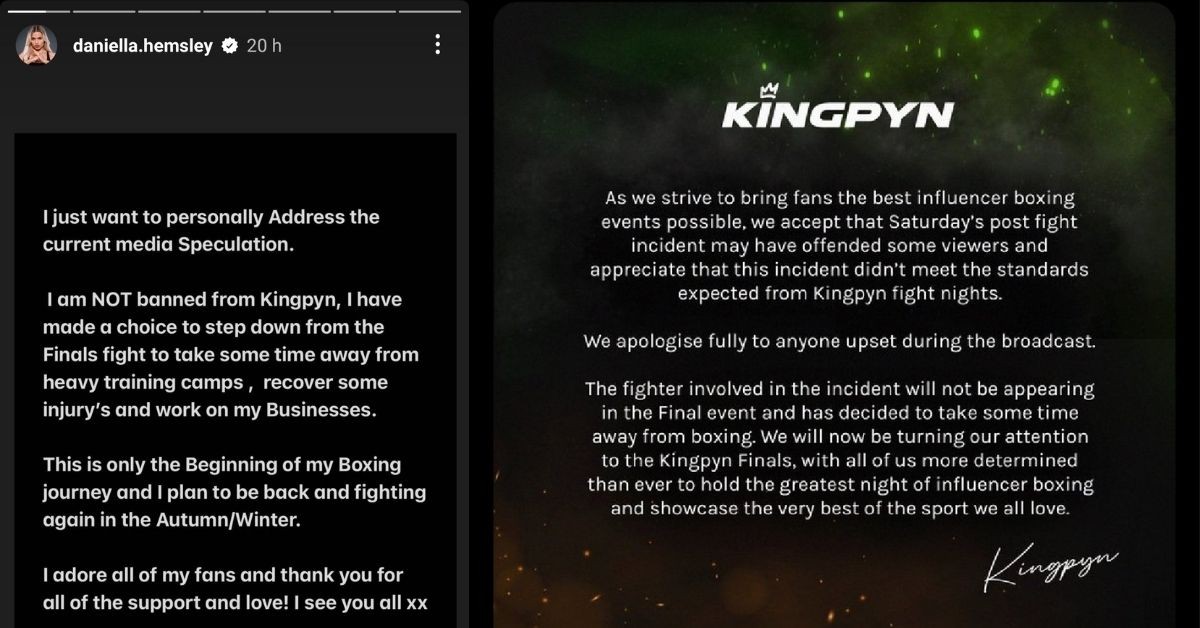 Daniella Hemsley Instagram story (left) and KingPyn's statement (right)