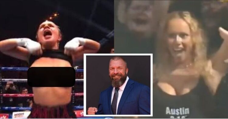 Daniella Hemsley (left), Triple H (middle) and flasher from WWE (right)