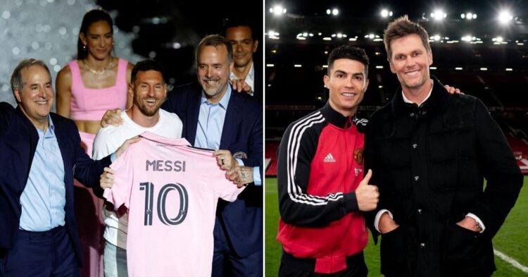 Messi receiving his Inter Miami Jersey, and Brady with Ronaldo (Credit: The Economic Times)