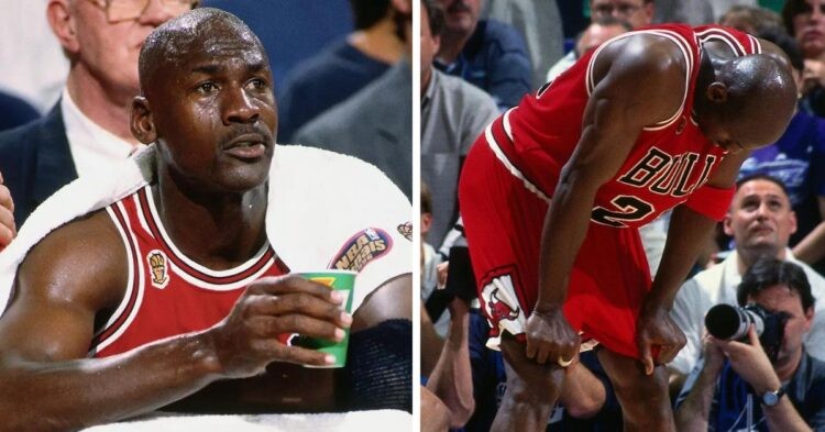 Michael Jordan of the Chicago Bulls during the 'flu game' (NBA and Getty Images)