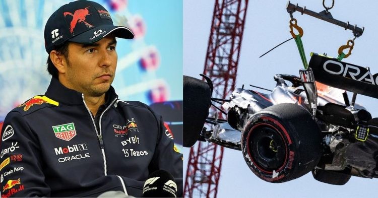 Sergio Perez (left), Sergio Perez's crash in Monaco Grand Prix 2023 (right) (Credits- Formula1News.co.uk, Sky Sports)