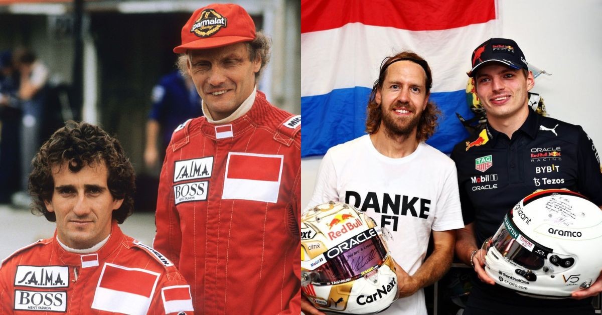 Niki Lauda and Alain Prost (left) and Sebastian Vettel and Max Verstappen