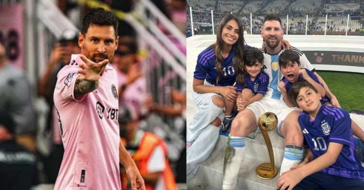 Lionel Messi (left) Messi with his family (right) (credits- Twitter, Instagram)