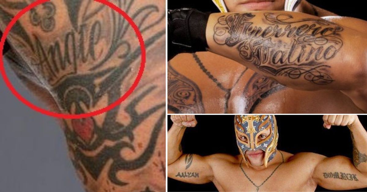 Rey Mysterio has tattoos dedicated to his Angie (left) Eddie (top right) and Aliyah and Dominik (bottom right)