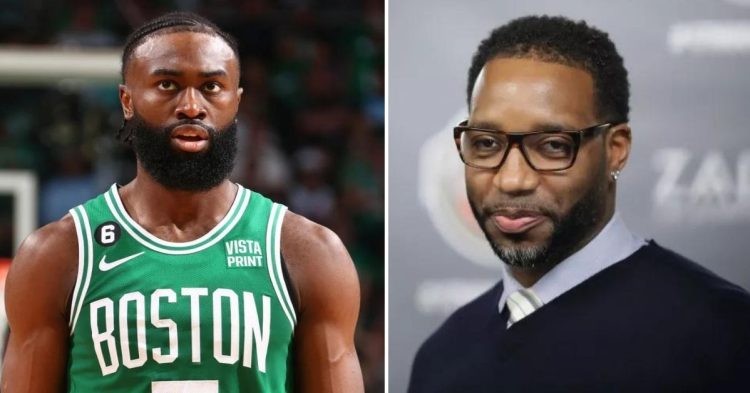 Jaylen Brown and Tracy McGrady (Credit- (Nathaniel S. Butler NBAE Getty Images and Ronald Martinez Getty Images)
