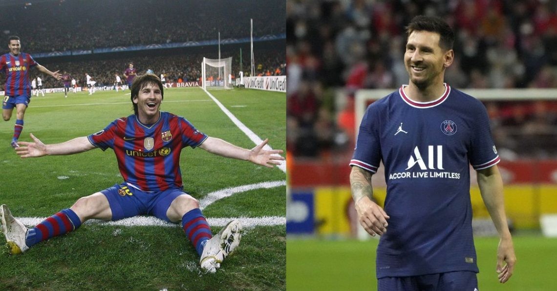 Lionel Messi at Barcelona (left) Lionel Messi at PSG (right) (credits- Twitter, The Telegraph)
