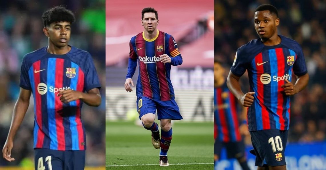 Lamine Yamal, Lionel Messi, and Ansu Fati (L to R)