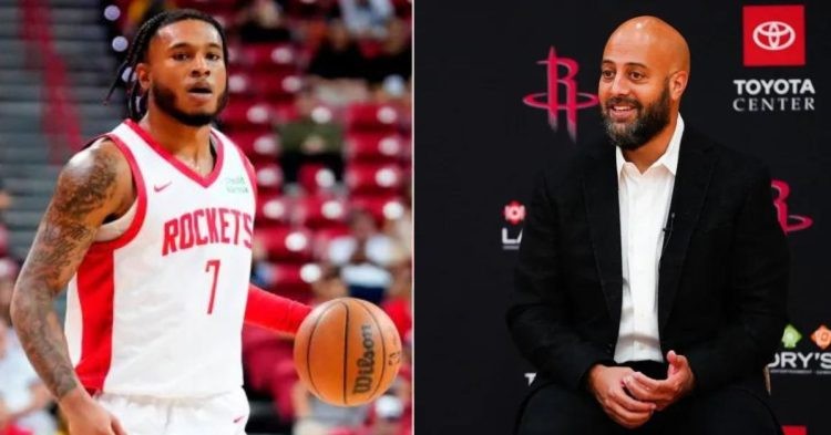 Cam Whitmore and Houston Rockets' GM Rafael Stone (Credit- Getty Images and Houston Rockets)
