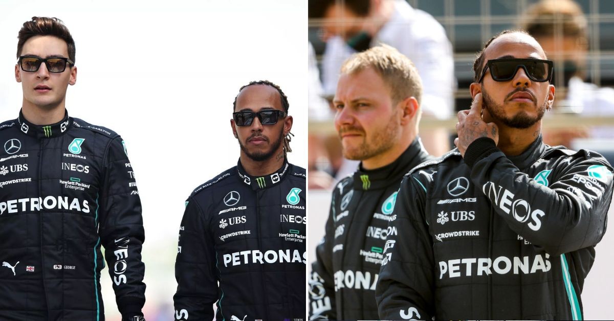 Lewis Hamilton with Valteri Bottas and George Russell (Credits: Planet F1, The Mirror)