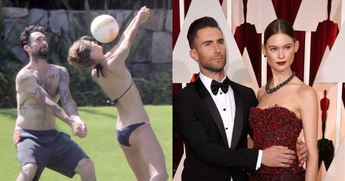 Adam Levine with Nina Agdal (left) and Behati Prinsloo (right). (Credits: Twitter)