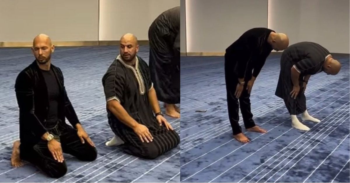 Andrew Tate and Tam Khan offering prayers in a mosque