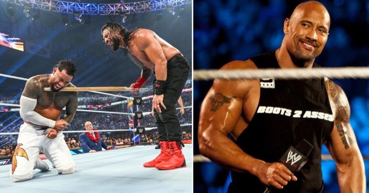 Jey Uso and Roman Reigns (left) The Rock (right)