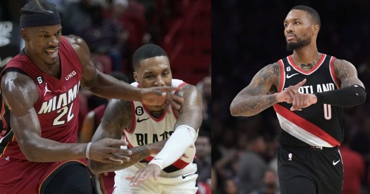 Portland Trail Blazers' Damian Lillard and Miami Heat's Jimmy Butler