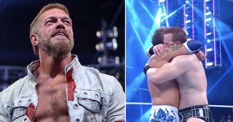 Edge (left) Edge and Sheamus hug after SmackDown (right)