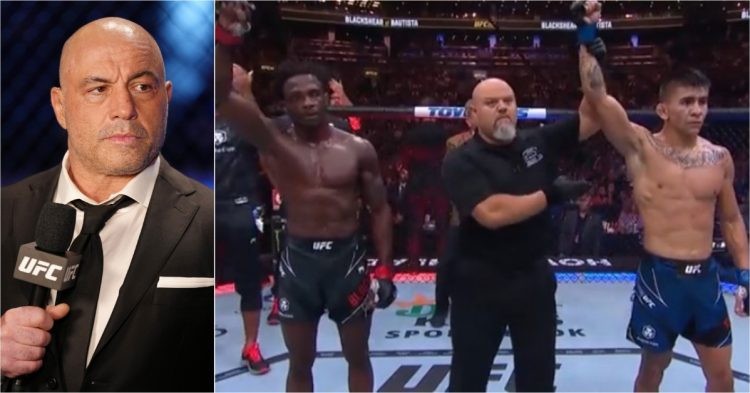 Joe Rogan (left) reacts to Da'Mon Blackshear vs Mario Bautista at UFC 292 (right)