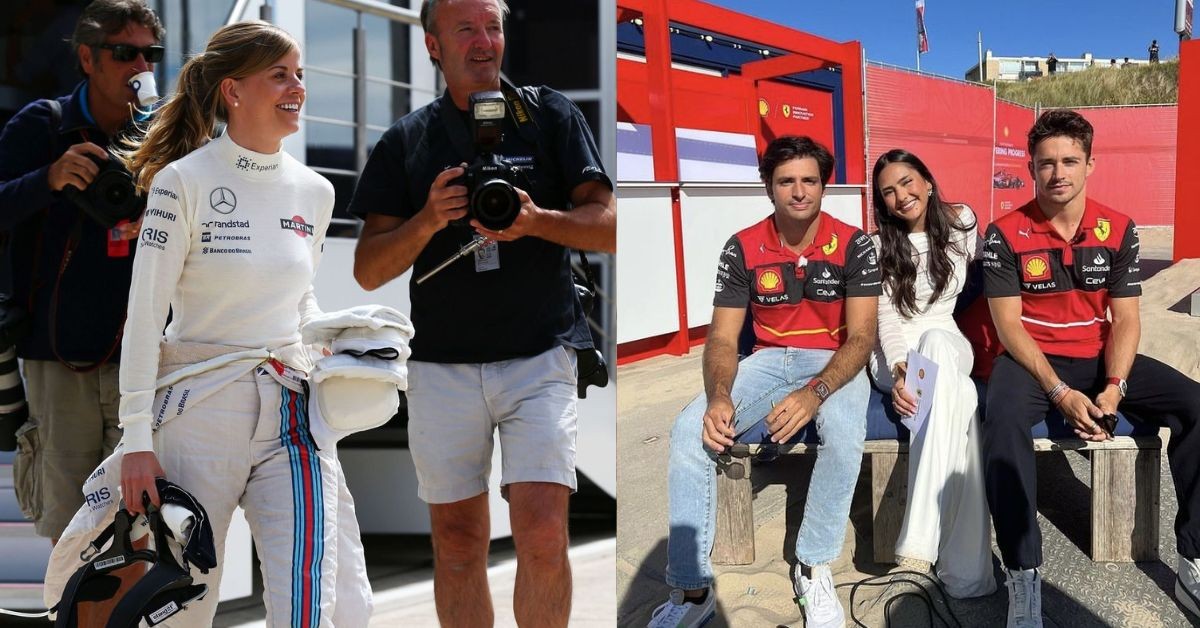 Suzie Wolff driving for Williams in 2014 and Lissie Mackintosh with Carlos Sainz and Charles Leclerc