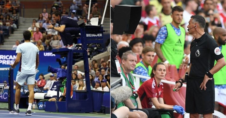 Chair umpire in a US Open match in 2022, Soccer referee looking at VAR. (Credits- Daniel Leal/AFP/Getty Images)