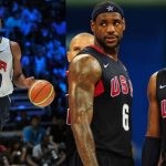 Kobe Bryant, LeBron James and Dwyane Wade with Team USA at the 2008 Olympics