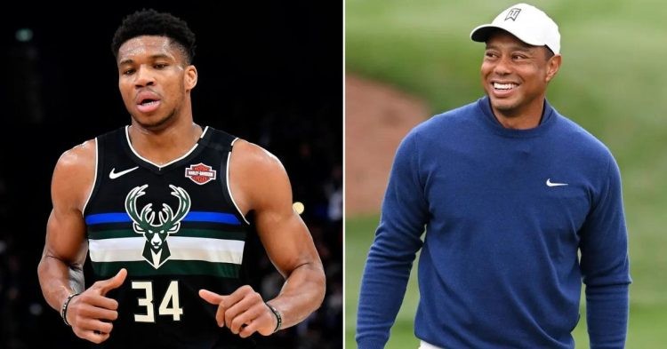 Giannis Antetokounmpo and Tiger Woods (Getty Images and NBC Sports)