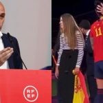 Luis Rubiales (left) Rubiales kissing Jenni Hermoso (left) (credits- Sky Sports, X)