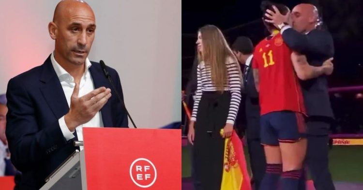 Luis Rubiales (left) Rubiales kissing Jenni Hermoso (left) (credits- Sky Sports, X)