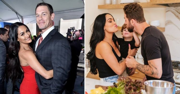 Nikki Bella and John Cena (left) Nikki Bella with her son and husband (right)