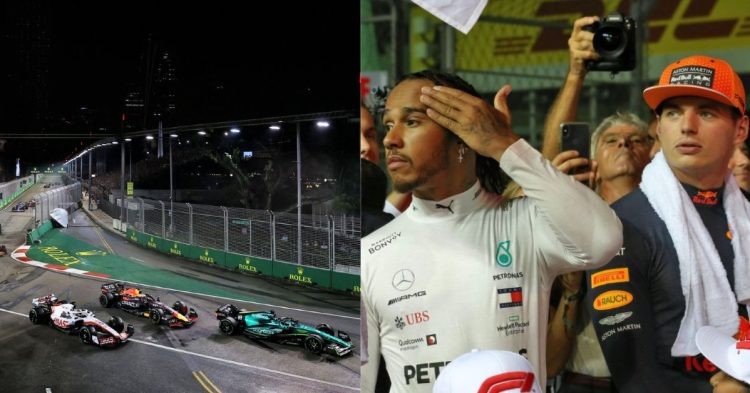The Marina Bay circuit of Singapore (left), Lewis Hamilton and Max Verstappen at the Singapore Grand Prix of 2019 (right) (Credits- PlanetF1, RacingNews365)