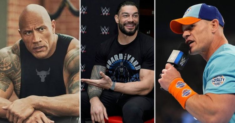 The Rock (left), Roman Reigns (middle) and John Cena (right)
