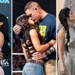 John Cena with Nikki Bella (left), AJ Lee (middle) and Shay Shariatzadeh (right)