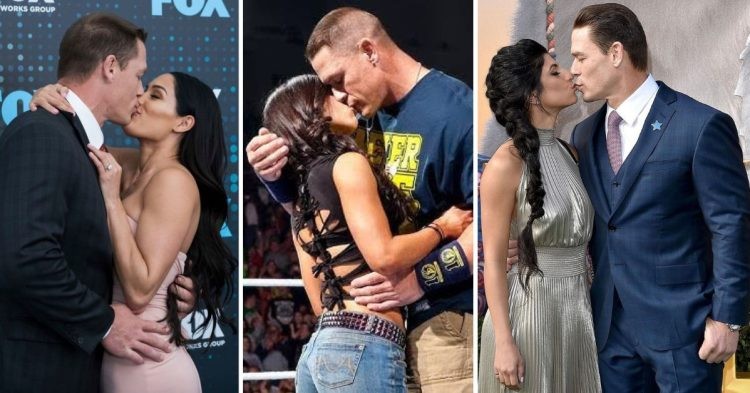 John Cena with Nikki Bella (left), AJ Lee (middle) and Shay Shariatzadeh (right)