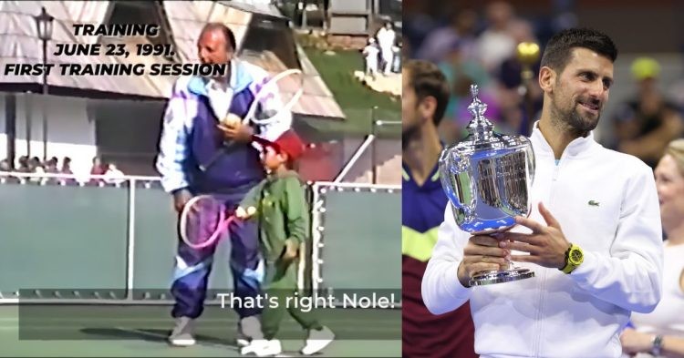Novak Djokovic during his first training session [L] and now after winning the 24th Grand Slam Title at the US Open 2023 [R]