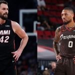 Miami Heat's Kevin Love and Portland Trail Blazers' Damian Lillard