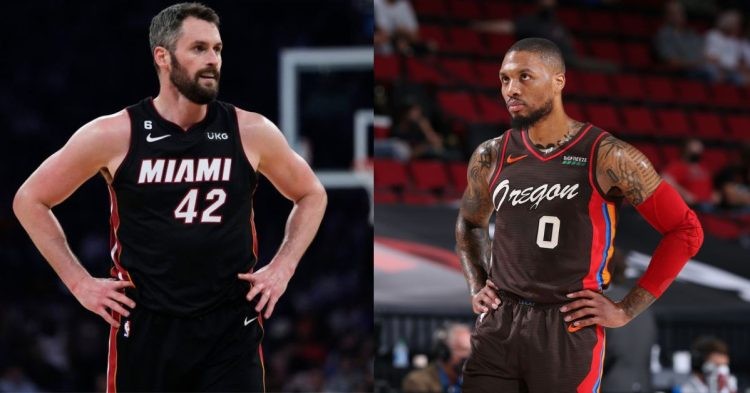 Miami Heat's Kevin Love and Portland Trail Blazers' Damian Lillard
