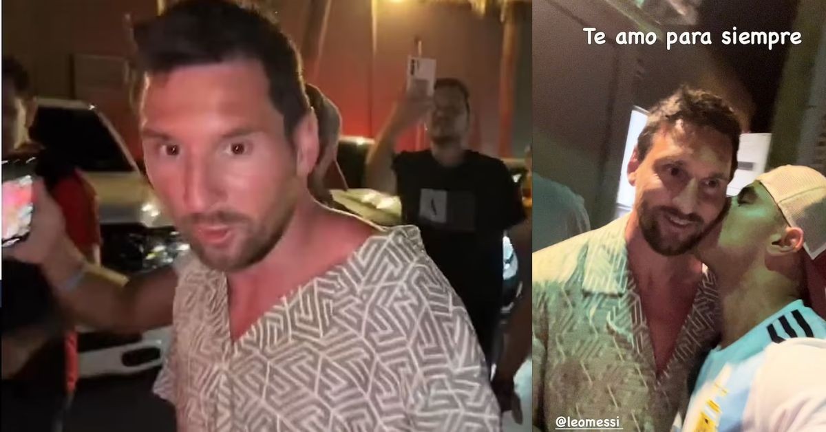 Lionel Messi gets kissed by a fan while leaving a restaurant in Miami