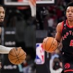 Toronto Raptors' Scottie Barnes and Portland Trail Blazers' Damian Lillard