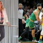 Los Angeles Lakers' Jeanie Buss, LeBron James and Boston Celtics' Jayson Tatum
