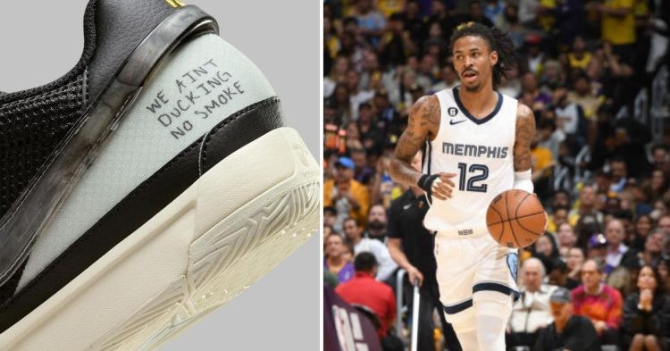 Ja Morant's nike Ja 1s 'We ain't ducking no smoke' and Ja Morant (Credit- Sneakernews and Getty Images )(1)